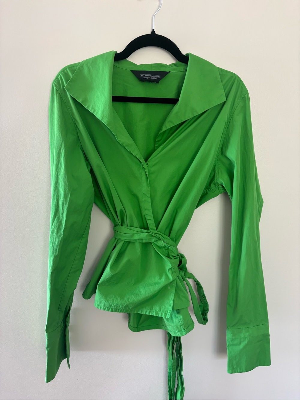 J Peterman Wrap Blouse Womens Size L Green Tie Waist Long Sleeve